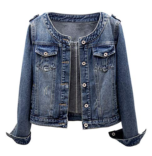 Kedera Women's Collarless Blue Denim Jackets Long Sleeve Stretch Jeans Coat