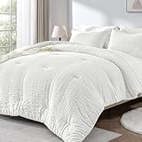 JOLLYVOGUE 7- Pieces Queen Comforter Set, Comforter Set White Seersucker Bed in A Bag Queen, All Season Bedding Sets with Comforter, Pillow Sham, Flat Sheet, Fitted Sheet and Pillowcase