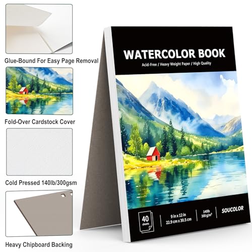 Image of Soucolor Watercolor Paper Pad 9x12 140lb Cold Press 40 Sheets Art Supplies | Professional Wet Techniques Water Color Paper,140lb /300gsm Artist Painting Book texture,Acid-free archival quality