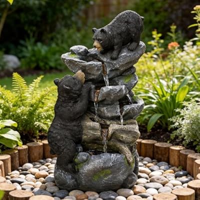 FountJoy 36.61'' H Outdoor Garden Water Fountain with LED Lights 2 Bears Climbing Rock 5-Tier Cascading Waterfall Freestanding Water Feature for Yard, Lawn, Patio or Indoor Decor