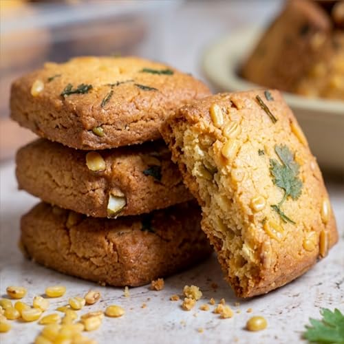 Image of HUNGRY TUMMY Moong Dhaniya Cookies - Handmade Butter Biscuits | Crunchy Savory Snack with Moong Dal & Coriander | Light, Protein-Rich & Digestive Friendly | Freshly Baked, No Preservatives | Perfect Tea-Time Snack (Pack of 350g)
