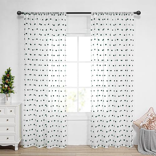 Image of MYSKY HOME Christmas Green Pom Pom Curtains for Bedroom 84 Inches 2 Panels
