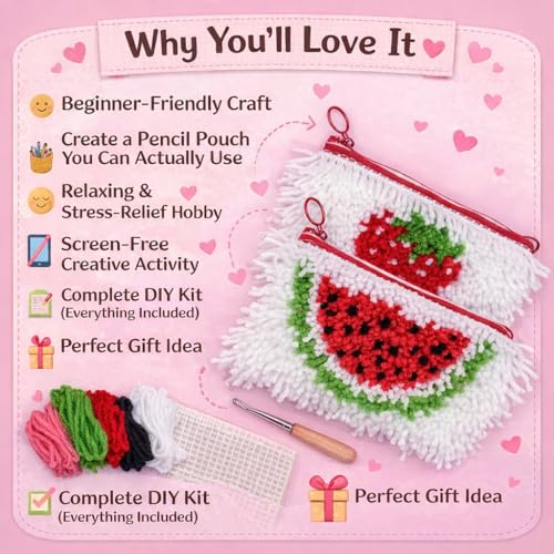 Image of veirousa Strawberry & Watermelon Latch Hook Pencil Case Kit for Adults Beginners, Flully Fruit DIY Craft Pencil Pouch for Girls Boys 2 Pack Set