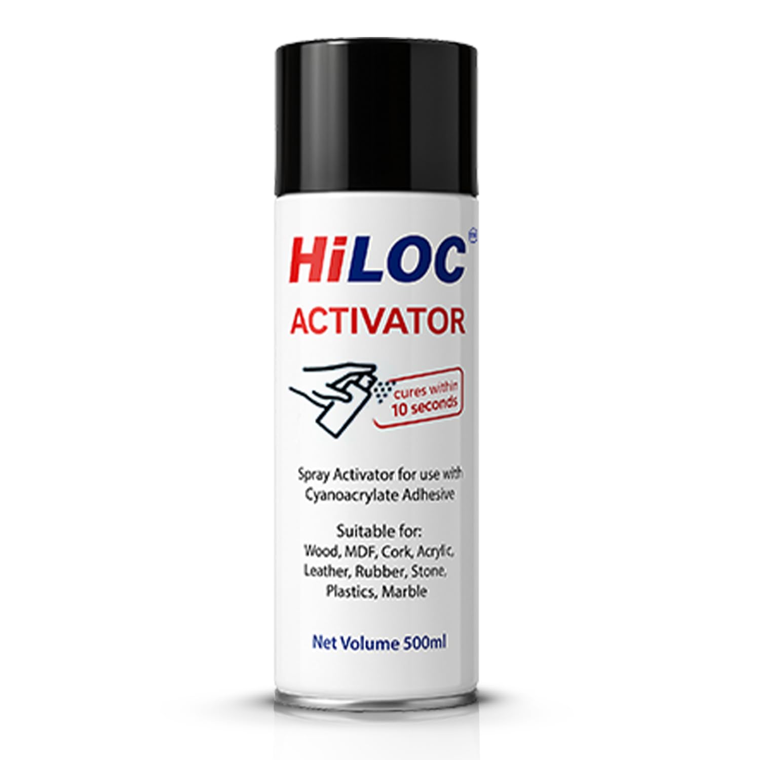 hiloc activator aerosol spray, 500 ml, fast curing cyanoacrylate activato, for metal, cork, acrylic, fabric, glass, wood, plastic & rubber, best for industrial use & diy, safe to use