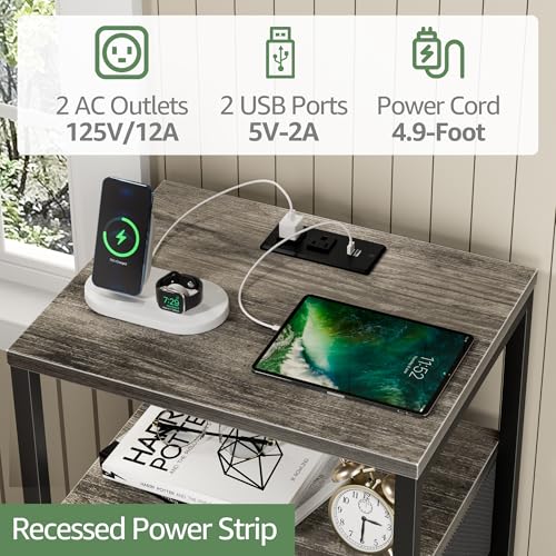 Image of BOLUO Gray Nightstand with Charging Station, LED Night Stand with 2 Fabric Drawers, Bedside Table with USB Ports and Outlets, Nightstand for Bedroom Modern