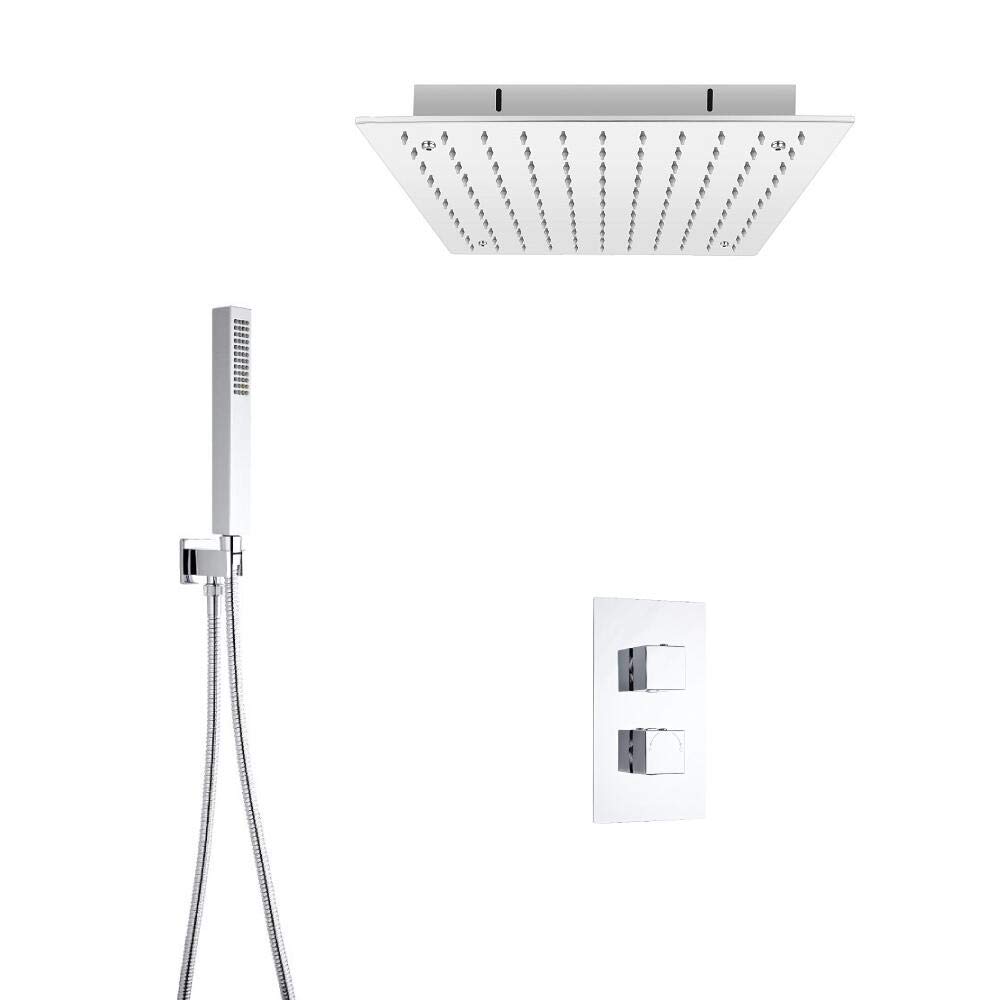 Milano Silver Arvo Thermostatic Mixer Valve 400Mm Ceiling Mounted Recessed Shower Head Handset - Chrome
