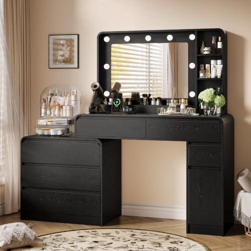Image of 60.2 inch Makeup Vanity Desk with Charging Station, Black Makeup Dressing Table with Mirror & Lights, 3 Lighting Modes Adjustable Brightness, Vanity Table with Power Outlet and 6 Drawers