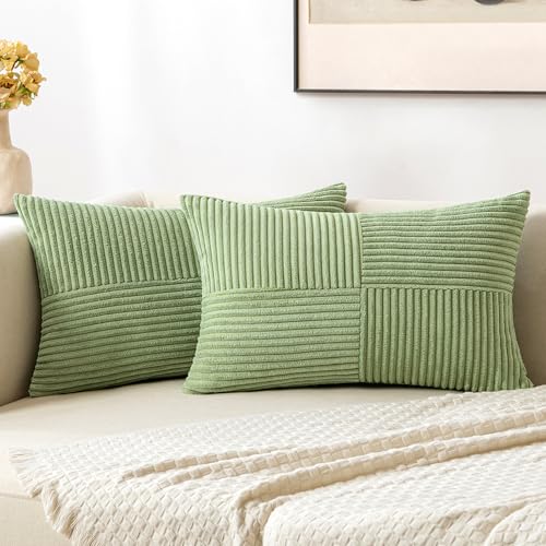 Image of MIULEE Sage Green Decorative Lumbar Throw Pillow Covers 12x20 Inch for Couch Bed Sofa Pack of 2 Boho Farmhouse Throw Pillows Soft Cross Corduroy Patchwork Textured Cushion Cases
