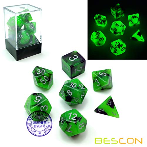 Bescon Two-Tone Glow-in-The-Dark Polyhedral Dice Set Spooky Rocks, Luminous RPG Dice Set d4 d6 d8 d10 d12 d20 d% Brick Box Pack