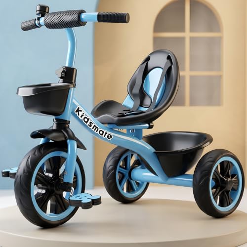 Image of Kidsmate Zoom Trike Cycle for Kids 2-5 Years | Tricycle for Kids | Tricycle for Boys & Girls | Baby Cycle with Anti-Skid EVA Wheels, Bell, Front & Rear Basket, Comfortable Seat | 30kg Capacity - Blue