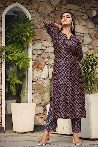 Dhruvi Trendz Women Cotton Blend Fancy Kurta Set Regular Fit Printed (Dt-K2706&P128&D83_Blue_S)