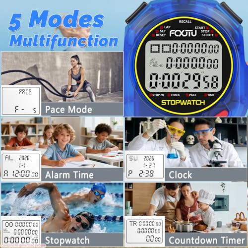 Image of Sports Stopwatch Timer, 10 Lap /Split Memory Digital Stopwatch Countdown Timer with 12 /24 Hour Clock Alarm On /Off, Calendar 3-Row Extra Large Screen Lanyard for P.E Coach and Referees (Blue)