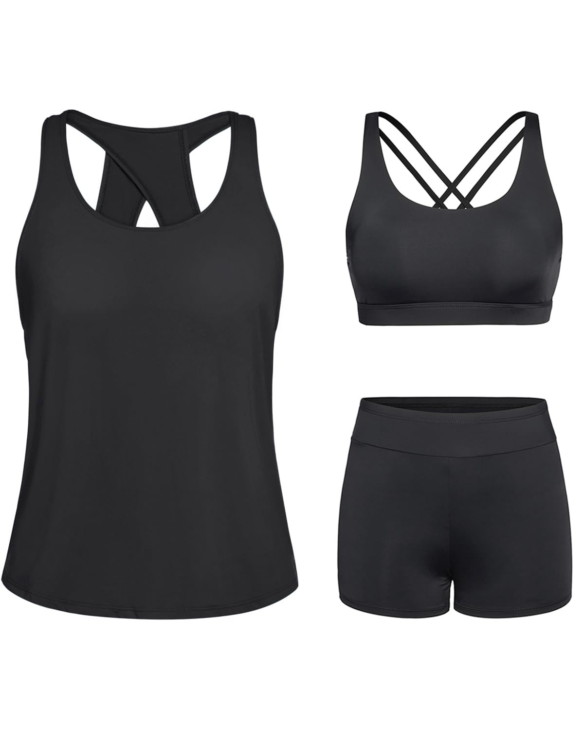 Tempt Me 3 Piece Tankini Swimsuits for Women Athletic Bathing Suits Swim Tank Top with Boy Shorts and Bra Modest Swimwear