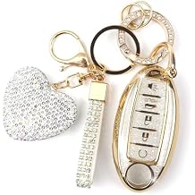 Key Fob Cover with Diamond Keychain, Car Key Holder Compatible with Nissan Altima Rogue Sentra Pathfinder Frontier Maxima Titan Murano Kicks Juke Versa Armada GTR 5 Buttons, White-Heart