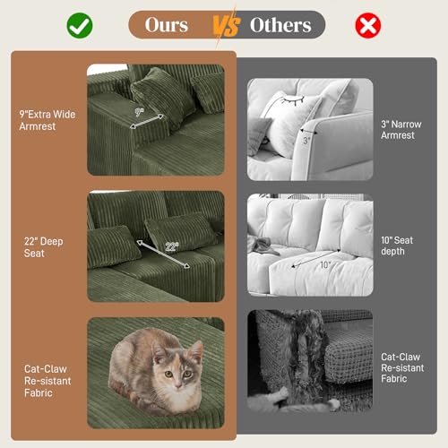 Image of 110 inch L Shaped Cloud Boneless Sectional Couches for Living Room, Modern Comfy Modular Deep Seat Memory Foam Compressed Corduroy Sofa Oversized Left Facing Chaise, No Assembly Required, Green