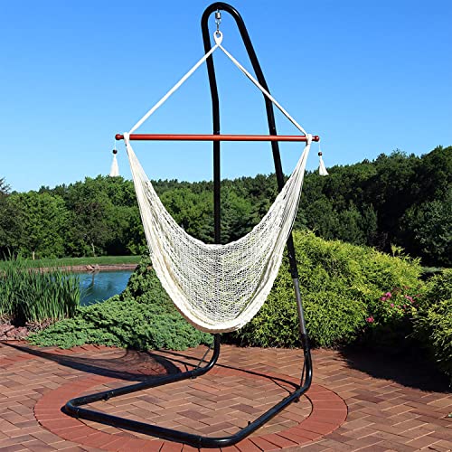 Sunnydaze Cabo-Style Hanging Rope Hammock Chair Swing With Adjustable Stand - 330-Pound Capacity - Black Stand - Cream #TOP1