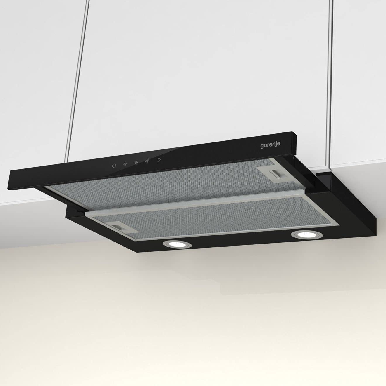 Gorenje TH 64E4BG Dunstabzugshaube LED Beleuchtung Polyurethanfilter Abluft Umluftbetrieb Schwarz Glas 450 M³/H
