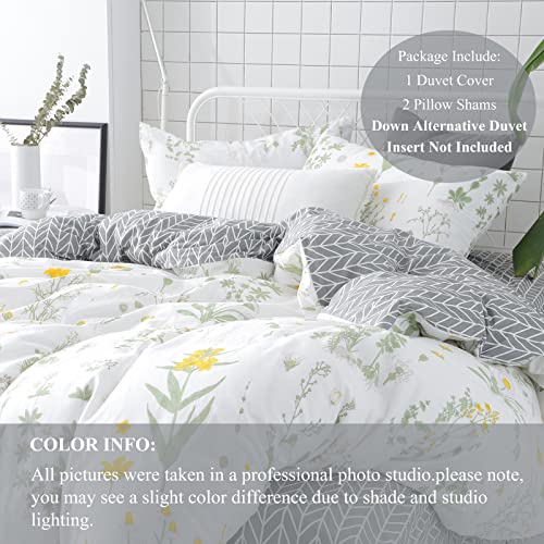 Vclife Floral Duvet Cover Twin Cotton Bedding Sets Reversible Garden Botanical Pattern Duvet Cover, 3 Pieces Twin Size Colorful White Grey Duvet Cover Sets, 1 Twin Flower Duvet Cover 2 Pillow Shams #TOP1