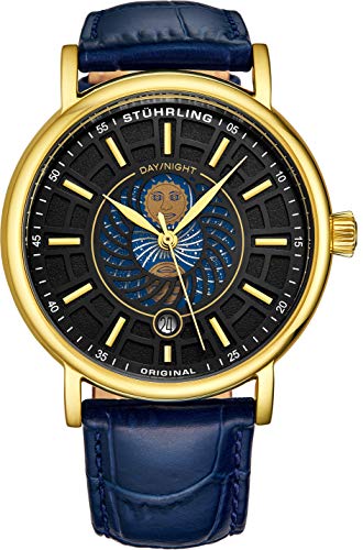 Stuhrling Original Montre habillée Jour/Nuit pour Homme - Boîtier en Acier Inoxydable et Bracelet en Cuir - Cadran analogique avec Complication de la Date et du Jour/Nuit (Gold)