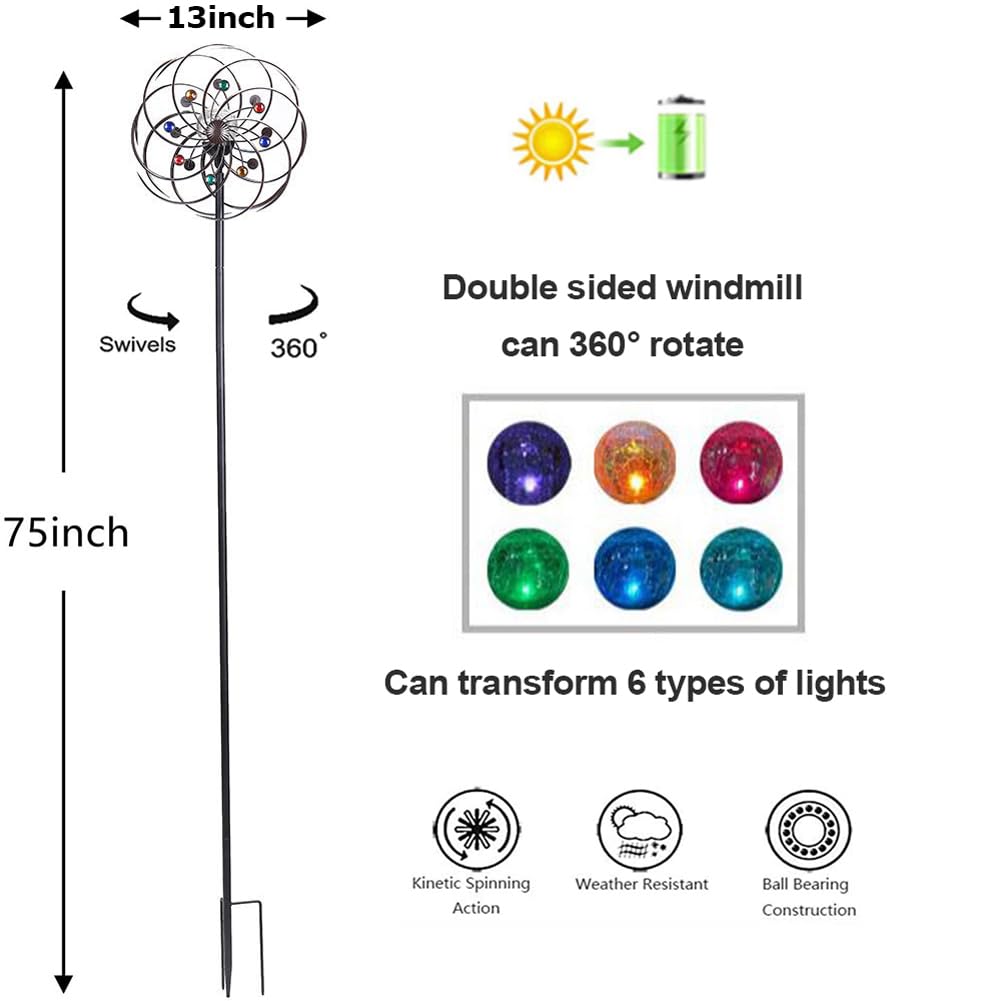 Girandola a vento da 190 cm, con luce solare in 6 colori, girevole a 360°, in metallo, per giardino, patio, decorazione esterna (marrone2)