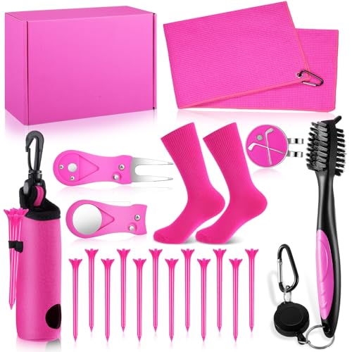 VioraWhite 16 Pcs Pink Golf Accessories Kit for Women Include Golf Towel with Clip, Hat Clip, Balls Holder, Club Cleaner Brush, Divot Repair, 10 Plastic Tees, Pink Socks Gift Set