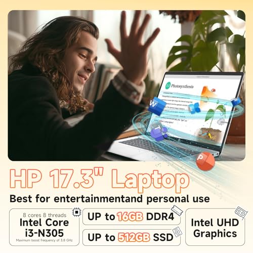 Image of HP 2025 17.3 inch FHD Laptop, Intel Core i3-N305 (16GB RAM | 512GB SSD), Windows 11 Pro, Wi-Fi 6, Bluetooth, Webcam, Up to 9.5 Hours Battery Life-Business Laptop for Work & Students, w /Accessories
