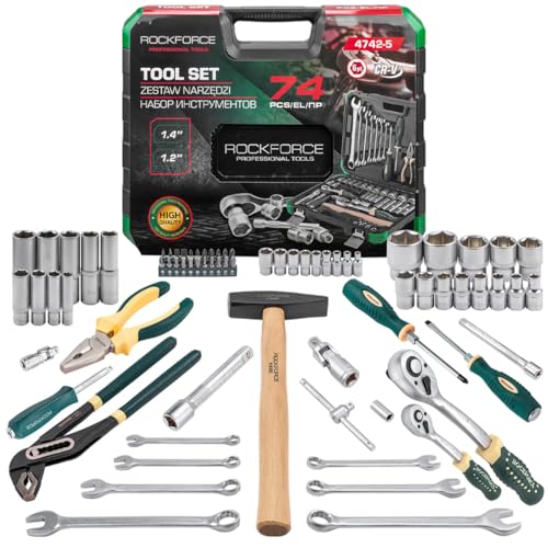 ROCKFORCE Werkzeugkoffer 74tlg – 1/2 & 1/4 Steckschlüsselsatz, Ratschen, Nüsse, Bits, Schraubenschlüssel, Zangen, Hammer – Profi Werkzeugset für Auto, Motorrad, Fahrrad, Heimwerker & Werkstatt