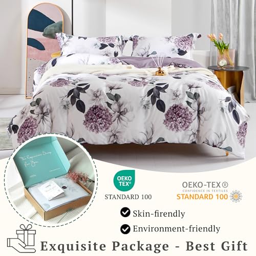 MILDLY 100% Long-Staple Cotton Duvet Cover Set Purple Hydrangea Lotus Flower Pattern Printed Comforter Cover 3pcs, Ultra Soft & Breathable Bedding Set