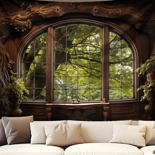QGHOT Forest Window Tapestry, Nature Outdoor Tapestry Wall Hanging Woodland Scene Large Wall Mural for Bedroom Living Room Office Decor 78.7" L x 104" W