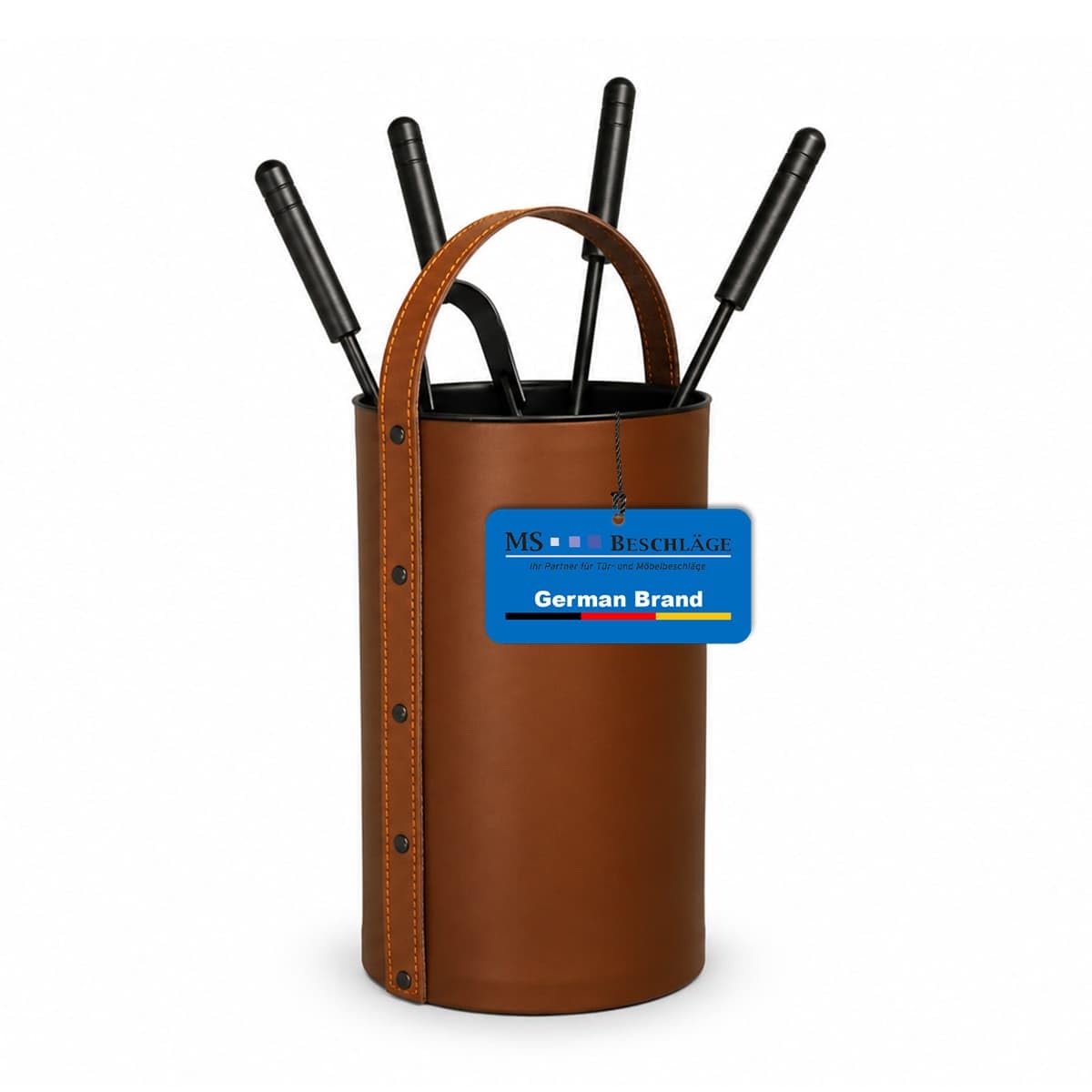 MS Beschläge Kaminbesteck 5-teilig Leder Braun - Kamingarnitur mit 4 schwarzen Stahlwerkzeugen - Kaminset mit Schaufel, Besen, Zange & Schürhaken für Kamin- und Holzofen - Ofenbesteck mit Tragegriff