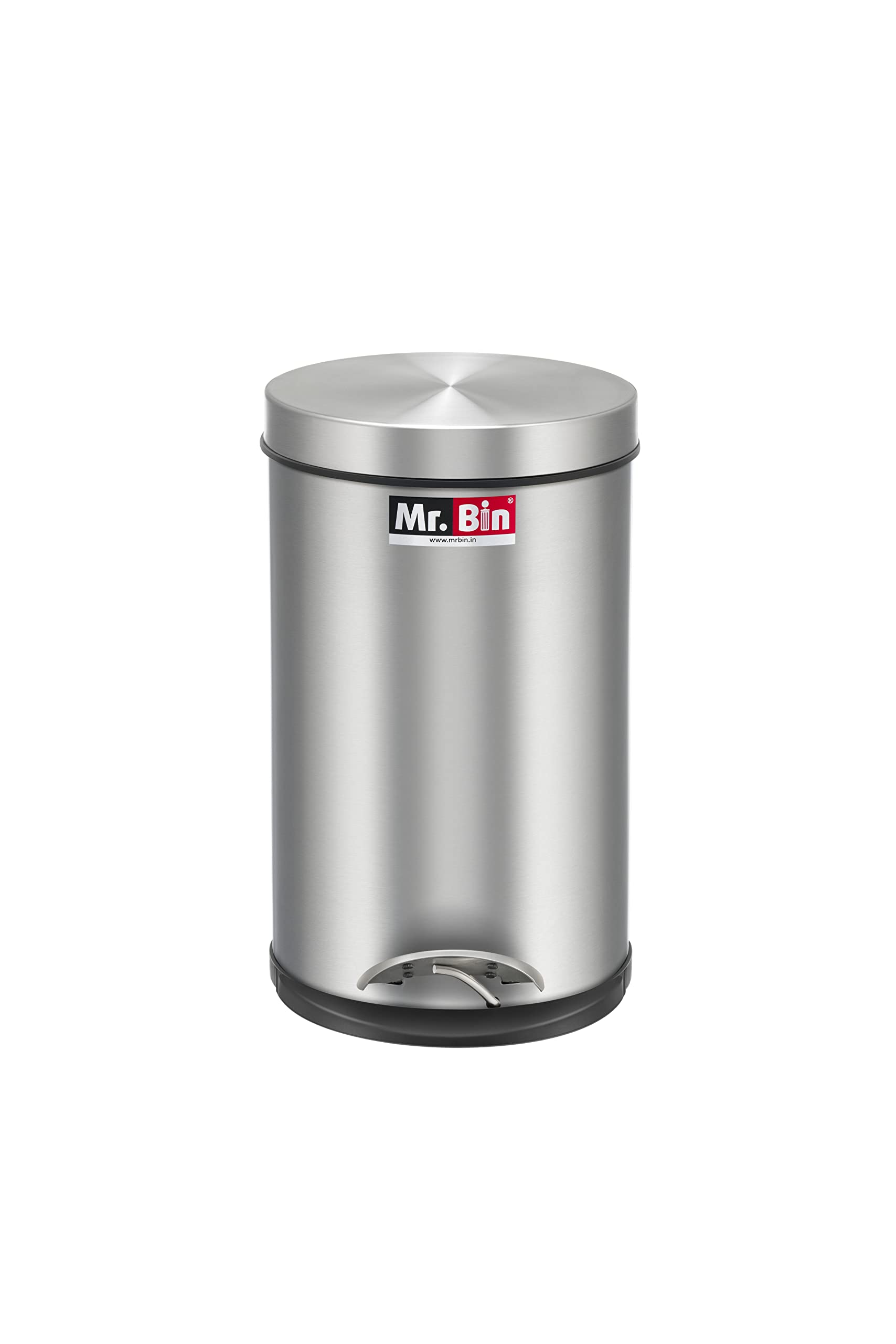 Mr. Bin Stainless Steel Dustbin | SS 202 Plain Pedal Bin with Plastic Bucket and Lid | 8" x 13" Garbage Bin | Step-On Trash Can | Round Shape Dustbin for Home, Bathroom, Kitchen Office | 7 Liter |