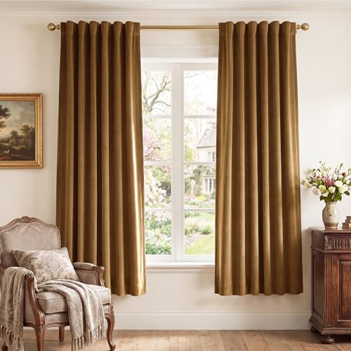 Image of Gold Brown Velvet Curtains for Living Room Boho, W52 x L72, 2 Panels | 300GSM Soft Velvet Drapes, Thermal Insulated, Window Back Tab Luxury Privacy Home Decor, Room Darkening, Blackout, Bedroom