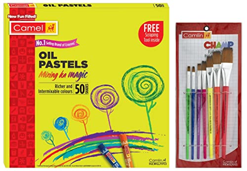 Image of Camel Oil Pastel (50 Shades) & Camlin Champ Flast Brush Set - Pack of 7 (Multicolor)