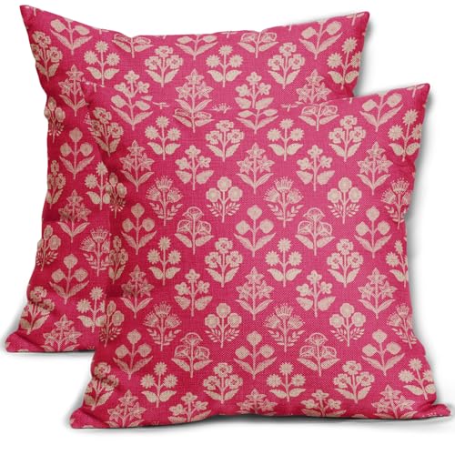 Sivirary Hot Pink Floral Block Print Pillow Covers 16x16 Inch Set of 2, Vintage Flower Pattern Decorative Throw Pillowcases Outdoor Farmhouse Cushion Covers Spring Summer Rustic Sofa Couch Bed Decor