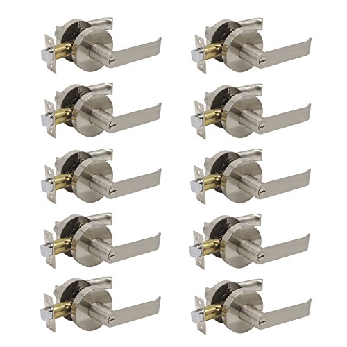 Best Deal Product 10 Pack Keyless Bed/Bath Door Lever, Brushed Nickel Door Handles Interior Door Use, Privacy Door Knob with Thumb-Turn Button
