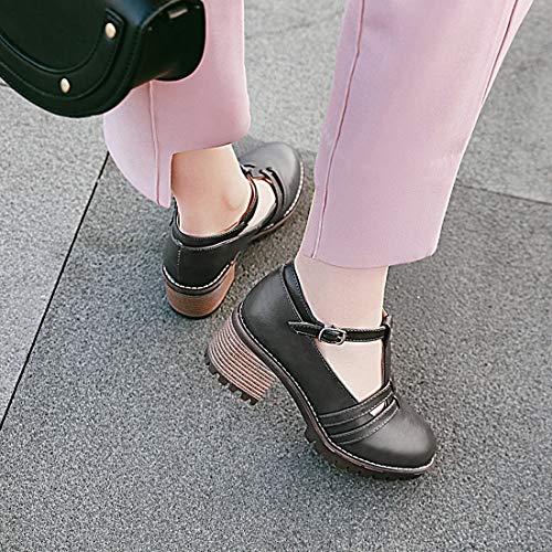 VOKLIN Women's T-Strap Mary Jane Pumps Round Toe Platform Chunky Mid Heels Vintage Brogue Dress Oxford Shoes3