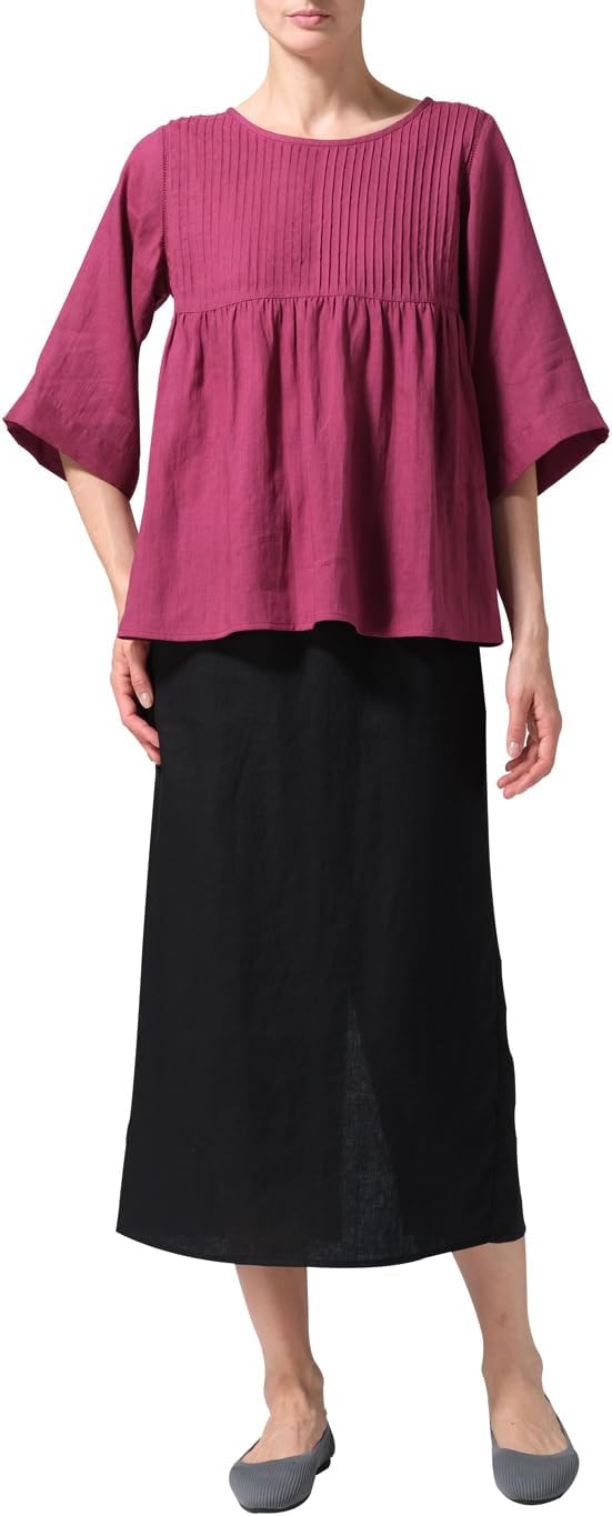 VIVID Linen Hand Made Pleated Bell Sleeve Blouse