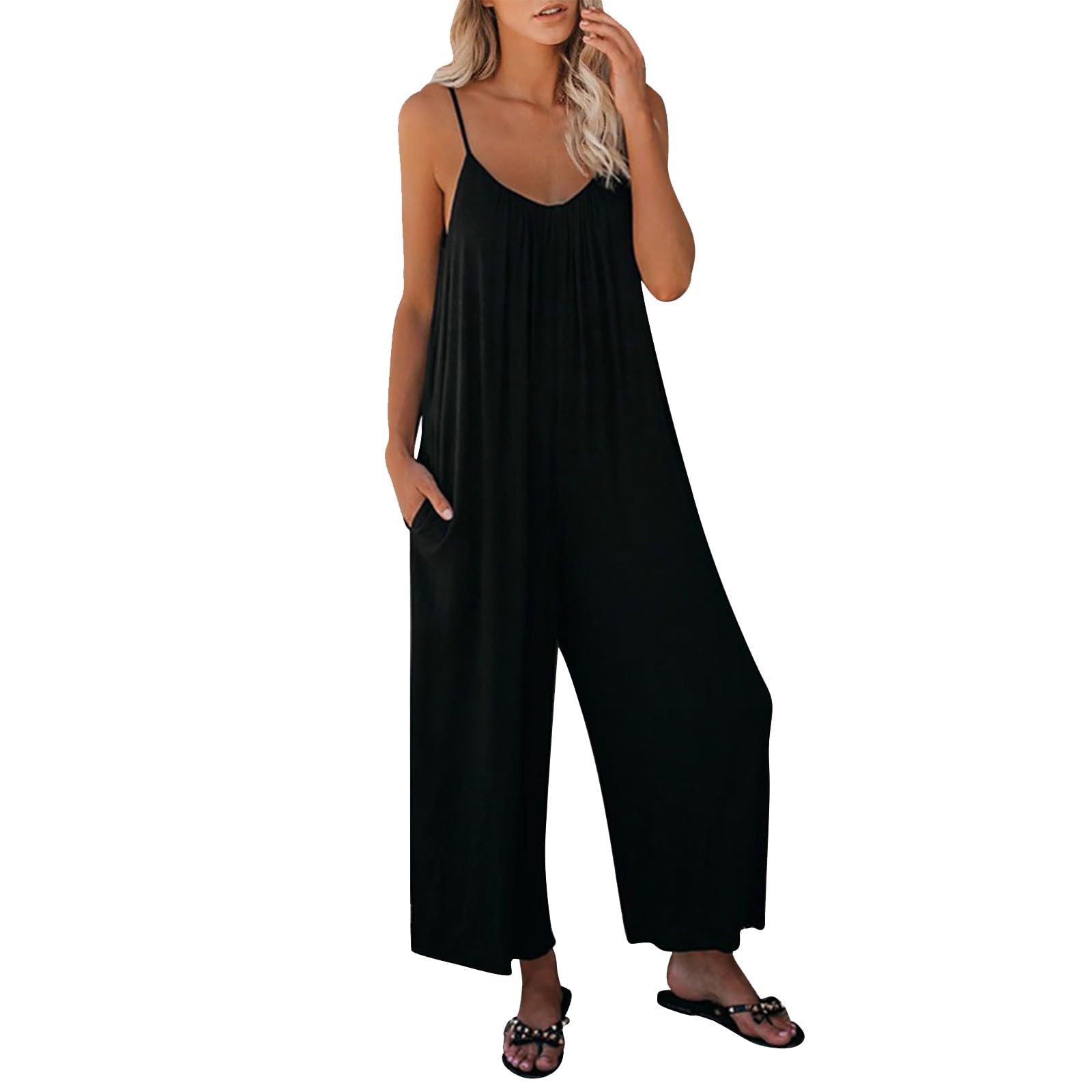 Dinnesis Mono de verano para mujer, tallas grandes, mono, holgado, sin mangas, con tirantes, pantalones de un solo color, pantalones de yoga, chándal ligero, para verano, para tiempo libre