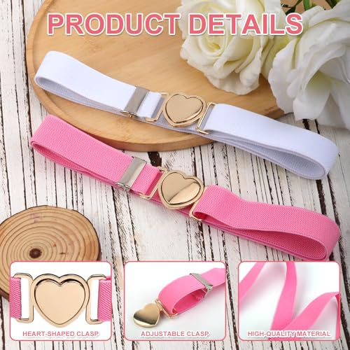 2pcs Girls Belt for Waist, Pink White Kids Elastic Waist Belts Adjustable Stretch Belts for Women Fashion Waistband with Heart Clasp for Dress Jeans Pants Decorations3