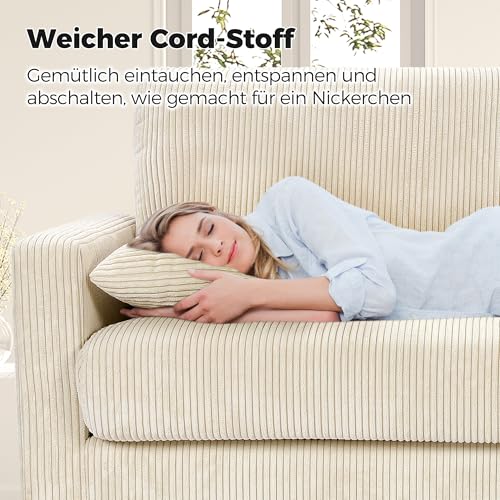 Kidirect Cord Sofa 3 Sitzer, 178CM Bequemes Couch 53CM Extra Tiefe Sitze, Sofa Wohnzimmer Werkzeugfreie Montage, Big Sofa Couch mit 2 Kissen, Modernes Couch fürs Büro, Schlafzimmer Sofas Beige