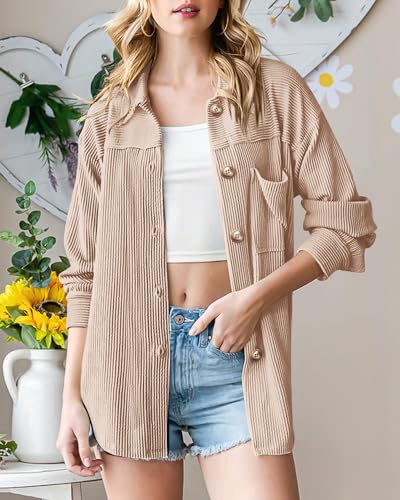 PRETTYGARDEN Women's Button Down Shirts 2025 Fall Long Sleeve Textured Stripe Tops Oversized Shacket Jacket Knit Blouses2