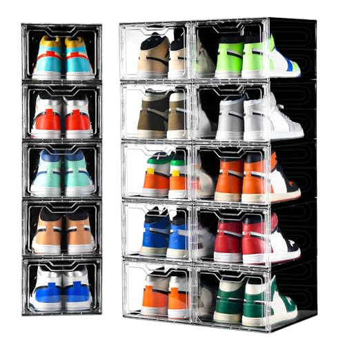 Image of Clemate Upgraded X-Large Shoe Organizer,Shoe Storage Organizer,12 Pack,Shoe Box Clear Plastic Stackable,Drop Front Shoe Box with Clear Door, Shoe Containers For Sneaker Display,Fit up to US Size12