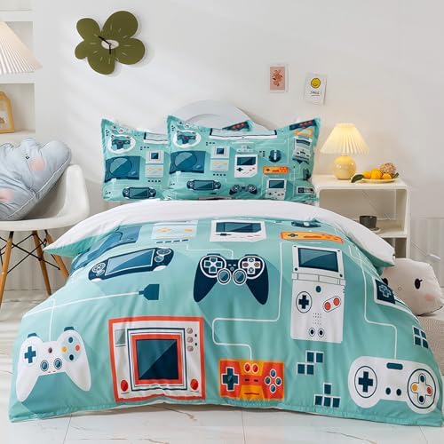Blue Gamer Kids Duvet Cover Set Full Size, 3 Pieces Soft Printed Microfiber Comforter Cover with Pillow Sham Zipper Closure,Full Size