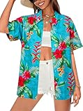 Women Hawaiian Shirt Floral Tropic Print Tee Hawaii Button Down Tshirt Beach T Shirt Summer Short Sleeve Tops Blue