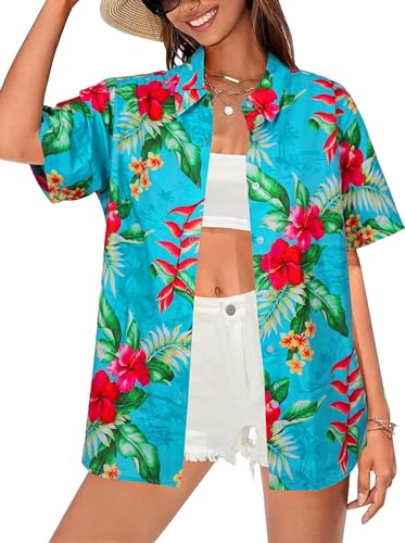 Women Hawaiian Shirt Floral Tropic Print Tee Hawaii Button Down Tshirt Beach T Shirt Summer Short Sleeve Tops