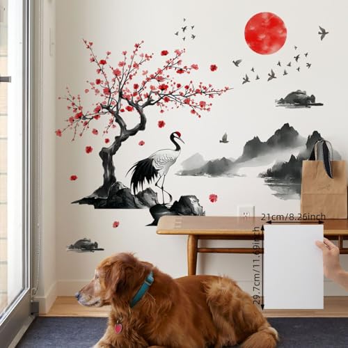 FUFUQUARE Autocollants Muraux Peinture de Paysage de Style Japonais Grue Soleil Montagne Stickers Muraux Décorations Amovibles en PVC pour Chambre à Coucher Salon...