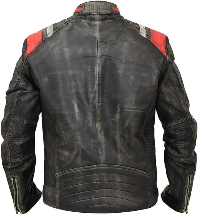 Image of Men's Leather Jacket Cafe Racer Biker Style Retro Stripes Jacket, Motorcycle Racing Leather Jacket Men