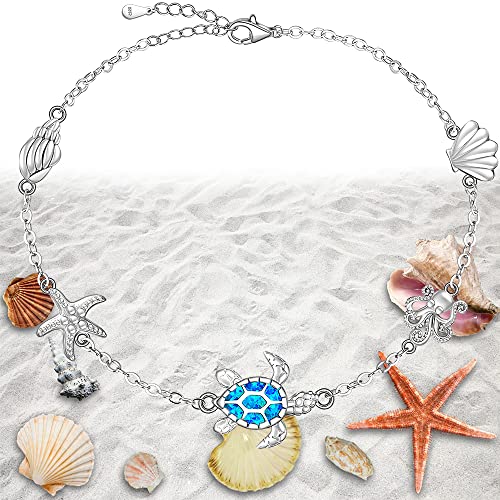 Image of Sea Turtle Ankle Bracelets for Women Blue Opal Sterling Silver Beach Starfish Octopus Conch Ocean Anklets Jewelry Gifts