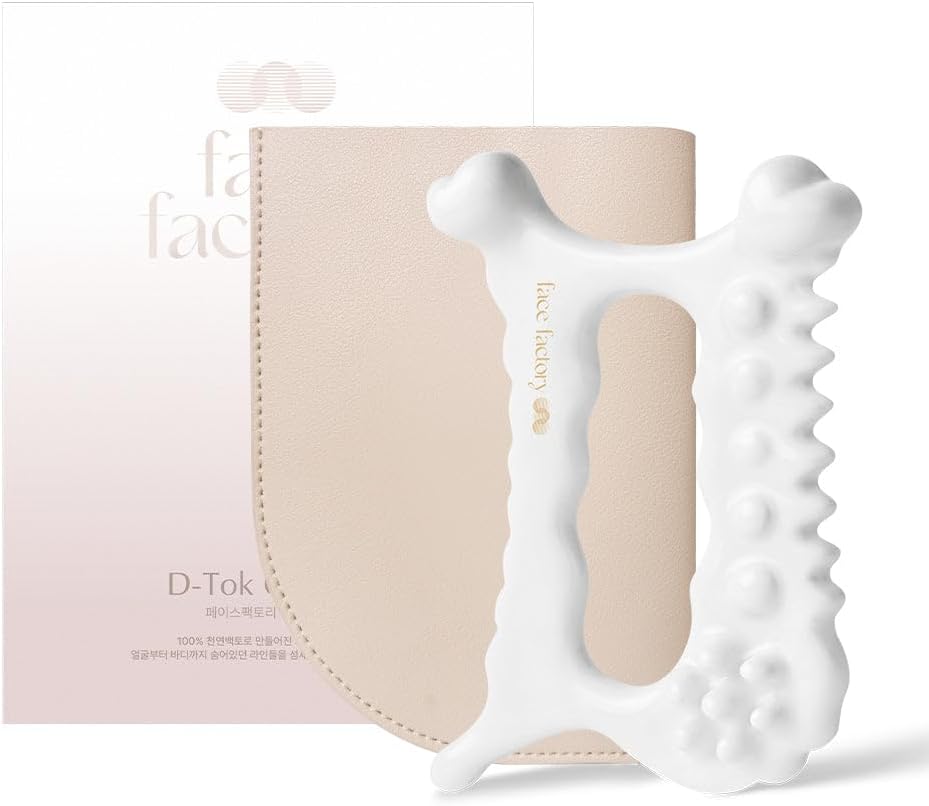 Face Factory Ceramic Gua Sha Tool- Face & Body Massager – 100% Natural White Clay, Triple-Fired Ceramic Tool for Lymphatic Drainage, Includes Storage Pouch & Guide (D-tok)