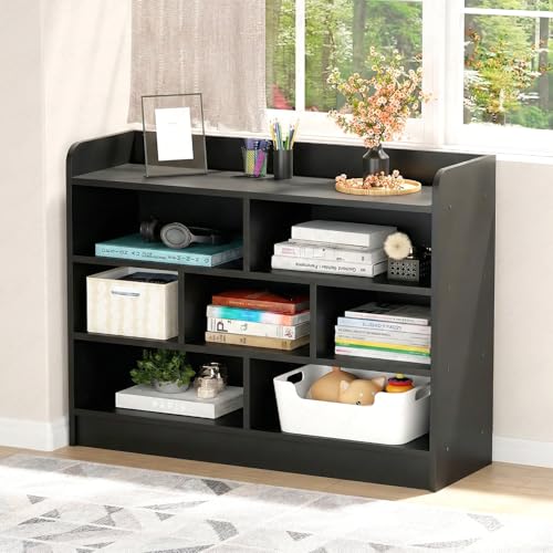 Image of Lukzer Multipurpose 7-Section Storage Rack Bookcase | MR-008 /Black | Open Display Unit for Home & Workspaces (70x28x93cm)